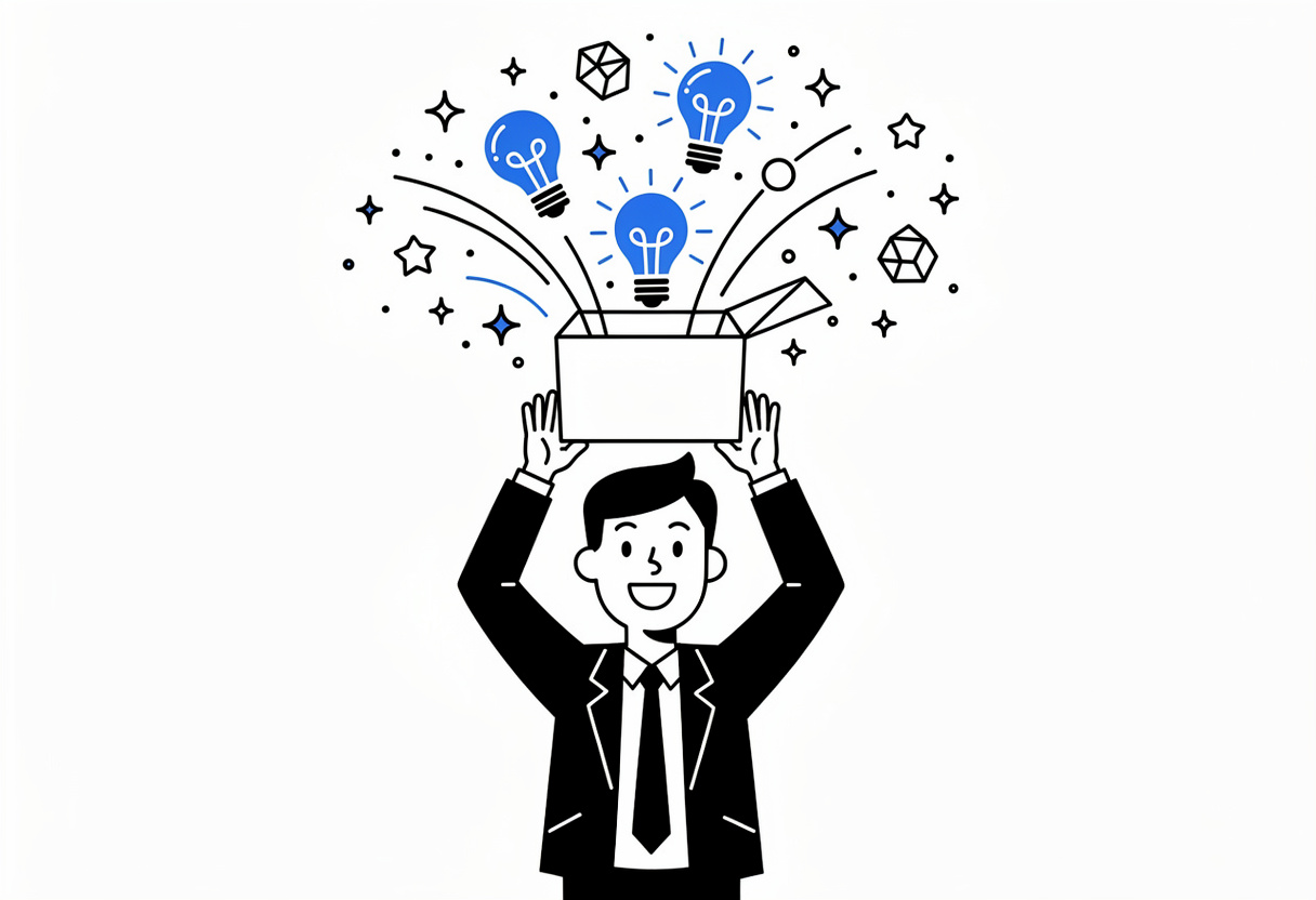 Illustration of a person holding a box overhead as lightbulbs burst out of it