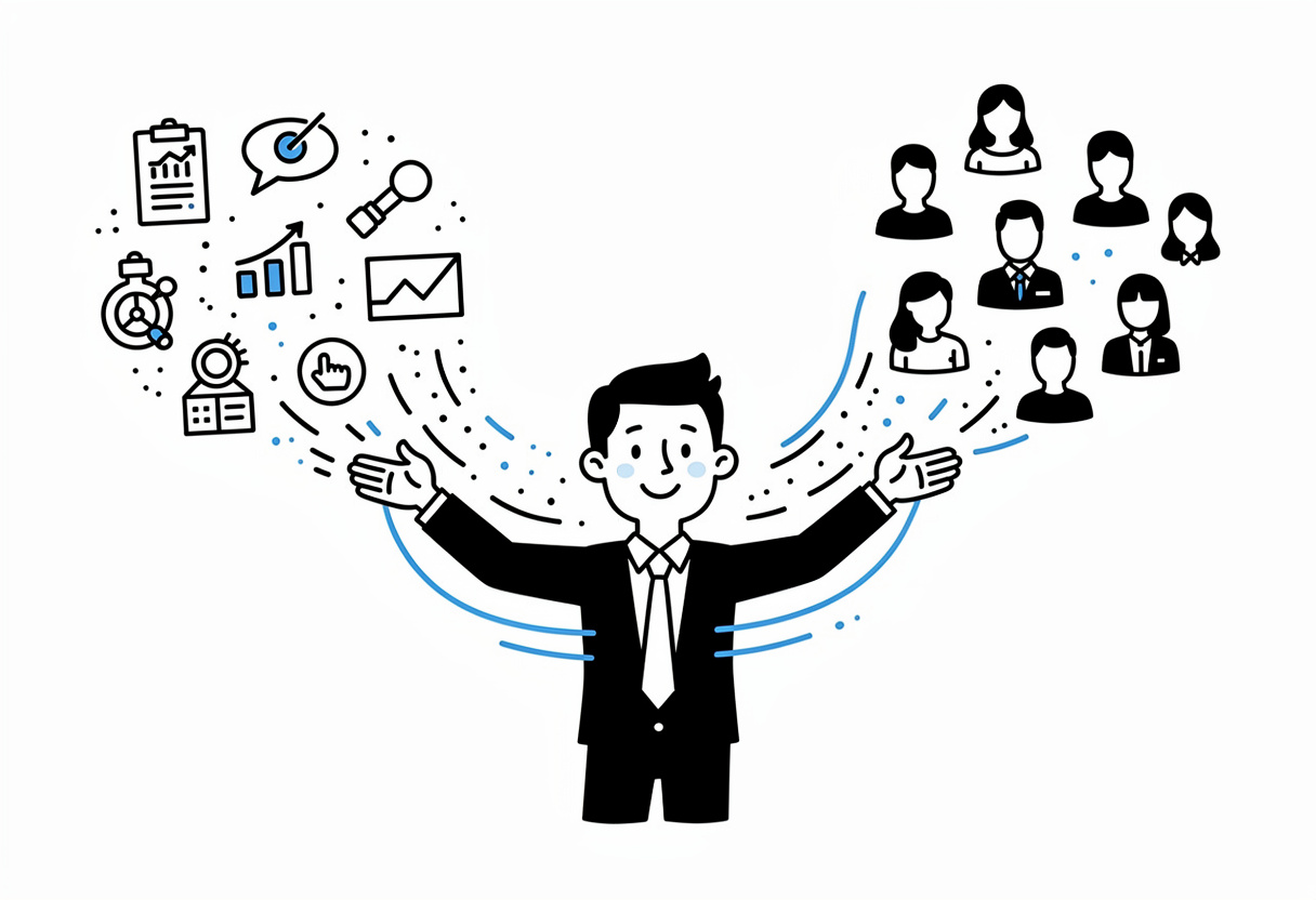 Illustration of a person connecting business tools and data to a team of people