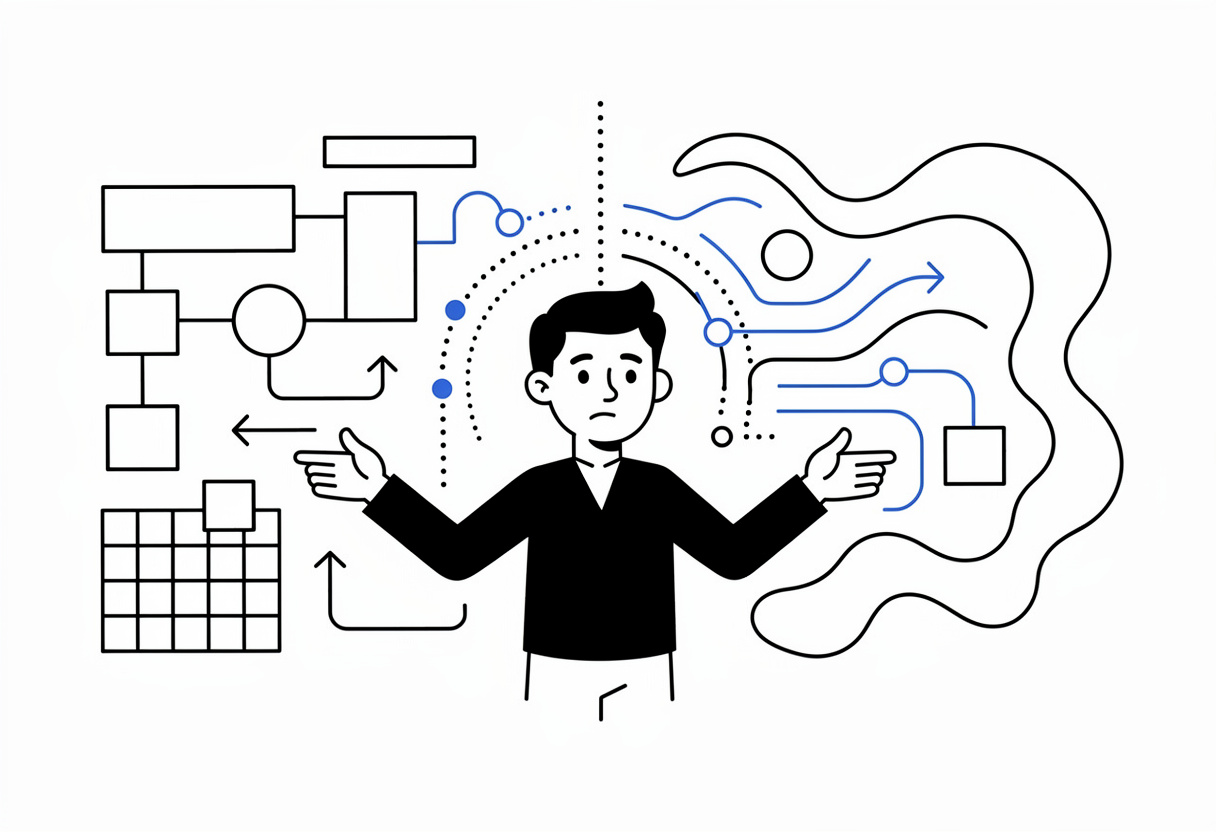 Illustration of a person standing between a rigid flowchart and free-flowing organic lines