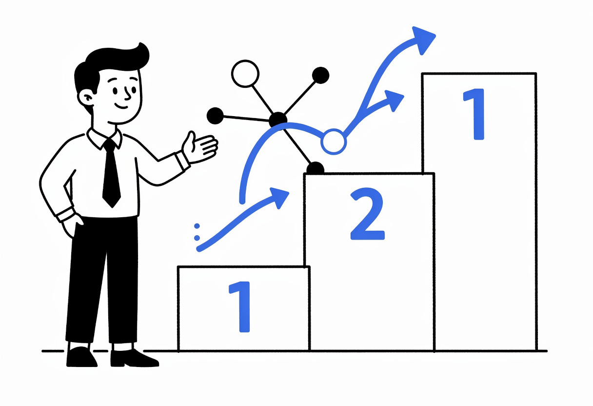 Illustration of a person gesturing toward ascending numbered steps